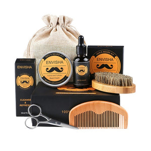 7pcs/set Men Barba Beard Kit Styling Tool Beard Essence Oil Comb Moustache Balm Moisturizing Wax Styling Scissors Beard Care Set