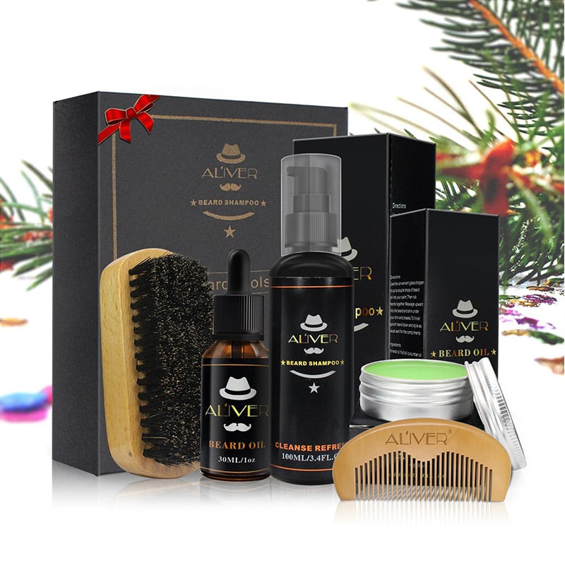 Aliver Beard Clean Set  With Essential Shampoo Brush Comb Oil Cream for Men Makes Soft Cleanse Refresh and Nature Grooming kit